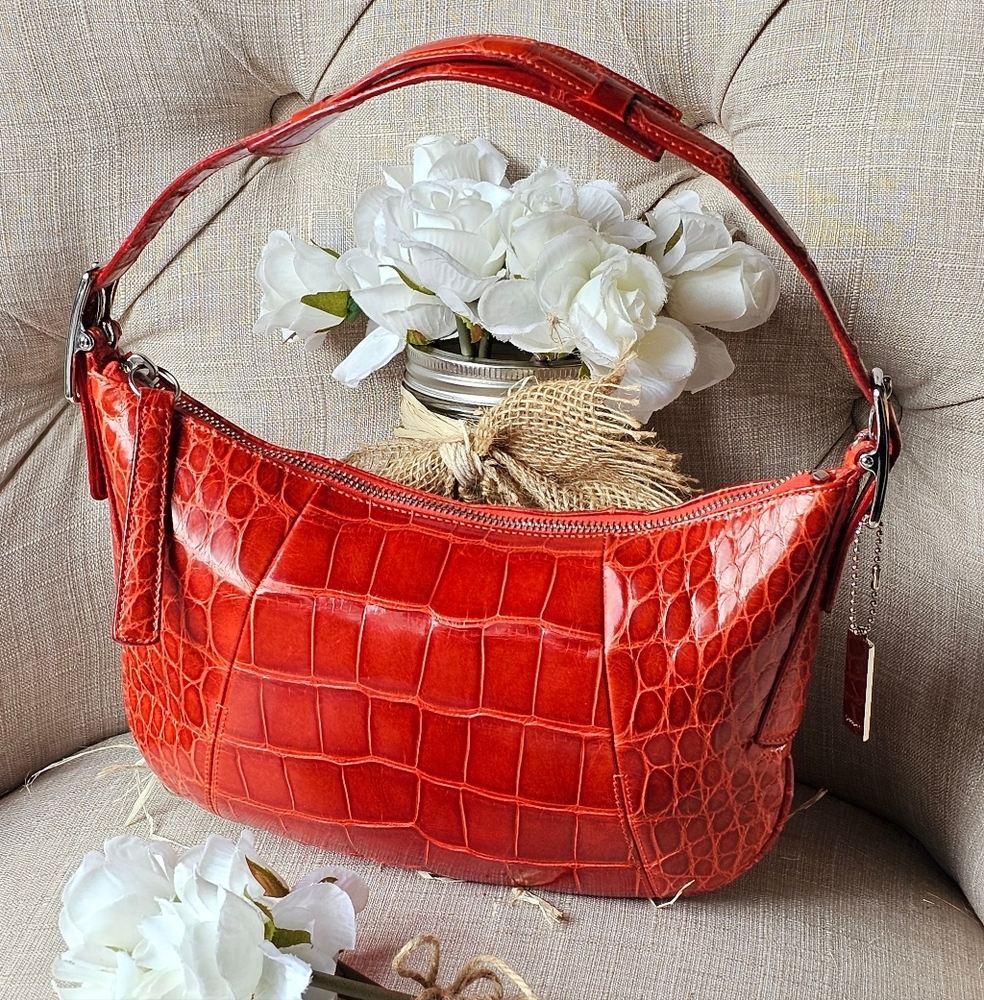 Vintage Coach Limited Edition Genuine Lizard Skin Bag Purse # 8390 ( Coral ) - Picture 3 of 16